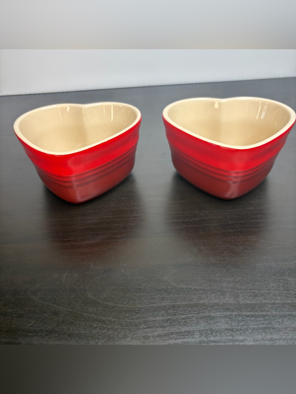 Le Creuset Cerise Red Heart Shaped Ramekins Stoneware Ceramic Valentines Day